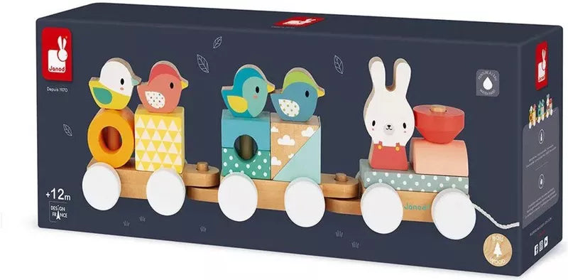 Houten trein vogels en konijn