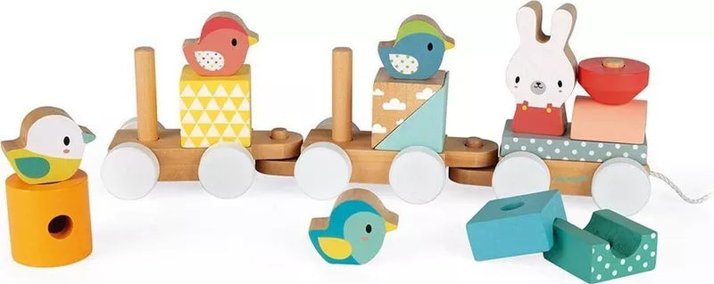Houten trein vogels en konijn